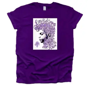 Prince T-shirt - Purple Design with Text Elements and Graphic Artwork Unisex