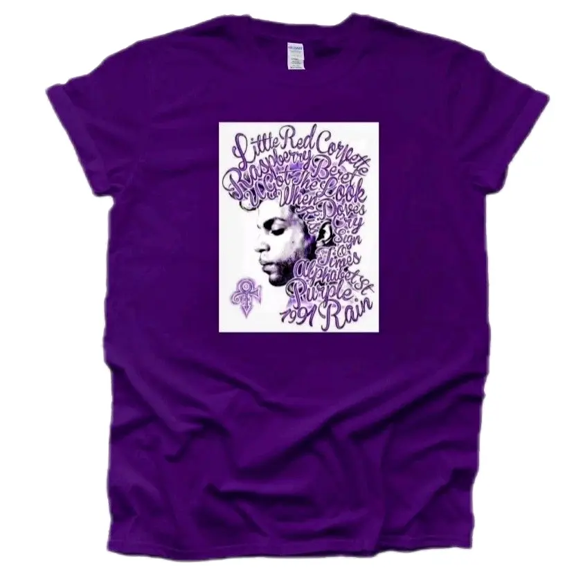 Prince T-shirt - Purple Design with Text Elements and Graphic Artwork Unisex
