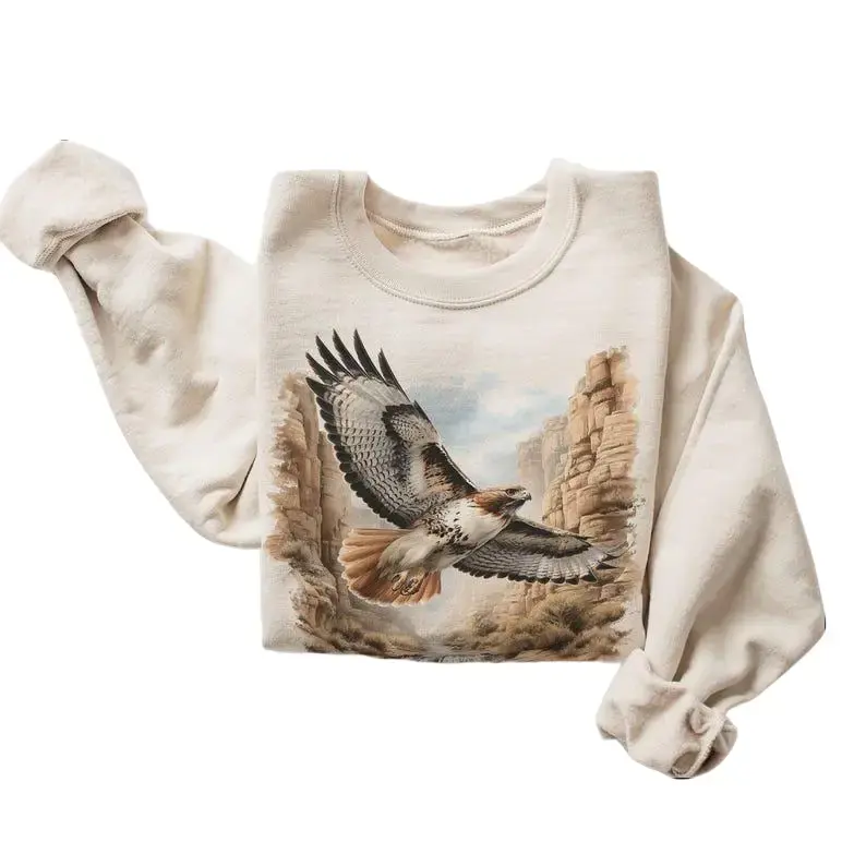 Women's Retro 90's Red Tailed Hawk Birds Of Brey Vintage sweatshirt - Casual Cotton Long Sleeve Unisex Birdwatching Tops #DICH