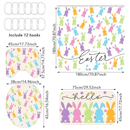 4/8Pcs Easter Bunny Bathroom Decor Set including 70x70in Waterproof Bunny Flower Shower Curtain with Hooks & Non Slip Bath Mat & U shaped Rug & Toilet Lid Cover for Spring Bathroom Makeover Home Supplies