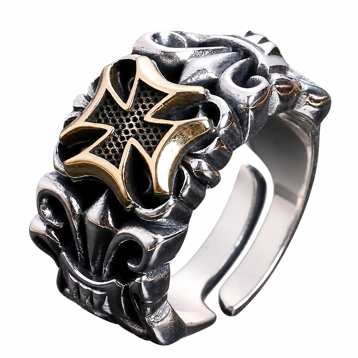 Men's Adjustable Anchor Cross Ring - Retro Antique Silver Gothic Viking Punk Biker Hip Hop Statement Costume Jewelry, Halloween Accessory, Holiday Gift, Rings