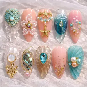 Mermaid Ocean Press On Nails Pearl Shell Starfish Beach Nails 3D Luxury Summer Handmade Nails