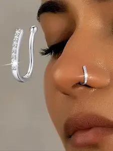 Faux Nose Stud, Simple U-shape Nose Ring with Micro Paved Cubic Zirconia, Fashionable Body Jewelry for Women & Girls, Nose Piercing Jewelry