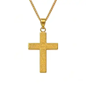 Stainless Steel Mens Womens Cross Necklace Lord's Prayer Pendant 22-Inch Chain 5.0 x 3.0 cm Shiny Smooth Holy Prayer Cross Pendant 3 Colors Available