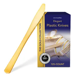 Gold Plastic Knives 125 Pack Dinner Knives, Disposable Cutlery, Heavy Duty Flatware, Plastic Silverware Set for Catering Events, Parties, Dinners, Weddings, Receptions and Everyday Use