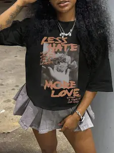 Women's Letter Print Drop Shoulder Tee, Fashion Casual Crew Neck T-Shirt for Daily Holiday Vacation Outdoor Wear, Ladies Clothes for All Seasons