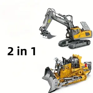 2pcs Remote Control Engineering Vehicle Set, 2.4G High-Tech 11-Channel RC Excavator, Dump Truck & Bulldozer Part Metal & Plastic Construction Toy Car Kit toy truck fun remote control engineering vehicle maquina de juguete
