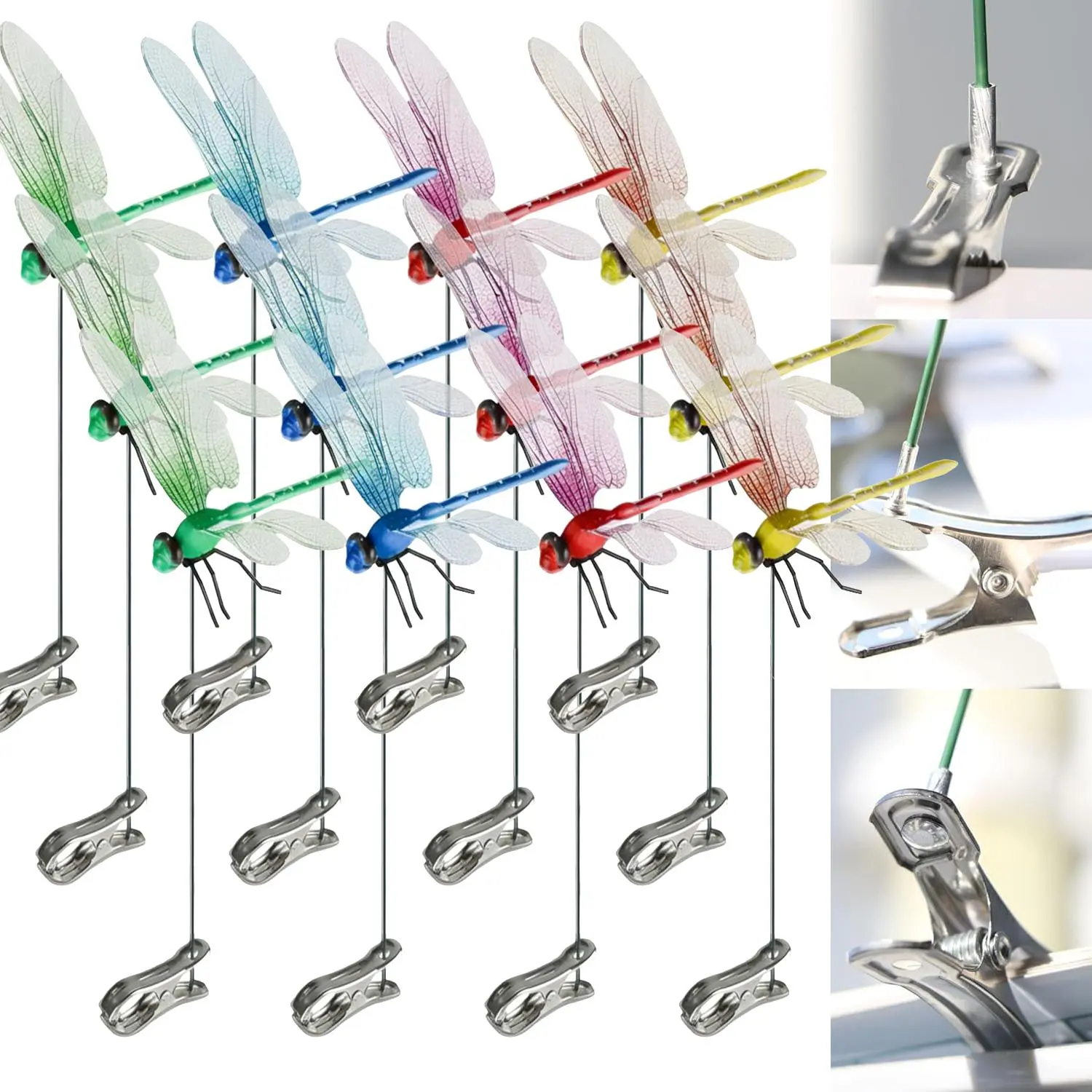 12 pcs Outdoor Fake Dragonfly Rod-Clip,Garden Metal bug repellent,3D Dragonfly Garden Decoration,Natural