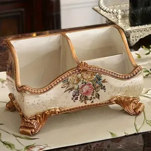 1PC Vintage Floral Pattern Resin Tray Abstract Design Double Compartment Remote Control Holder Desktop Organizer for Living Room Coffee Table Special Occasions