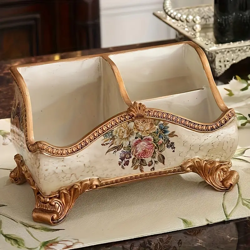 1PC Vintage Floral Pattern Resin Tray Abstract Design Double Compartment Remote Control Holder Desktop Organizer Desk Organizers With Compartments for Living Room Coffee Table Special Occasions