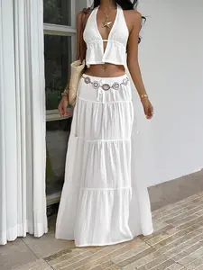 Women's High Waist Belted Drawstring Ruffle Hem Long Dress, Plain Casual Summer Beach Skirt, Party Elegant Half-Length Dress