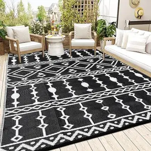 9*18FT Outdoor Rug, Outdoor Plastic Mat, Picnic Reversible Rug, Patio Mat, Plastic Woven Outdoor Carpet, for Garden Patio Backyard Picnic Camping,Black & White Durable Decorative Mat Bohemian Area Rug
