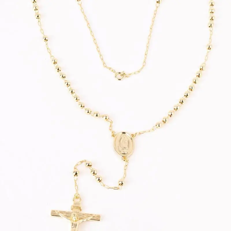 Women's Gold Beaded Rosary Necklace, 20 in Crucifix Pendant, Religious Wear Jewelry Accessory