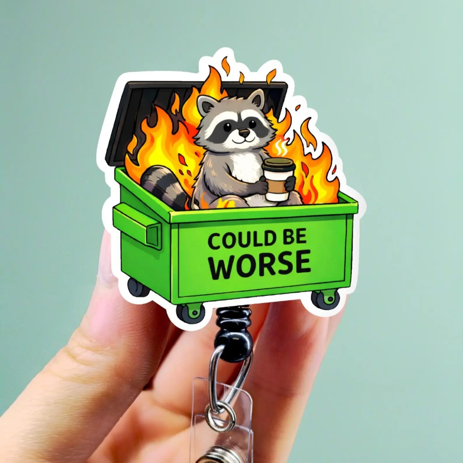 Funny Nurse Badge Reel, Raccoon Badge Clip, Holiday ID Holder, Cute Dumpster Fire Badge reel for ER nurses. Retractable swivel clip with a 360 rotation.  Badge pull