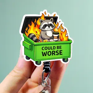 Funny Nurse Badge Reel, Raccoon Badge Clip, Holiday ID Holder, Cute Dumpster Fire Badge reel for ER nurses. Retractable swivel clip with a 360 rotation.  Badge pull