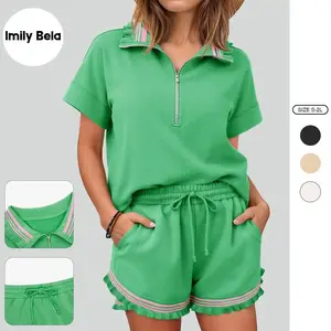 2-piece women's sports set, casual sports set, summer half zipper pleated top matching setRAIMENTRY