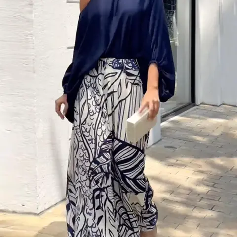 Solid color printed woven loose wide leg pants with bubble sleeves and off shoulder two-piece pants set matching clothing set Casual Matching Set Casual Outfit Set