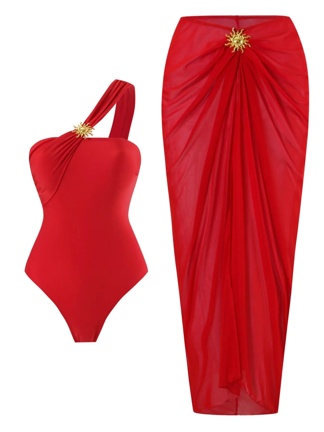 Women's Plain One-piece Swimsuit & Cover Up Skirt Set, Casual Fashion Swimwear Set for Beach Holiday Vacation, Ladies Swimsuit for All Seasons