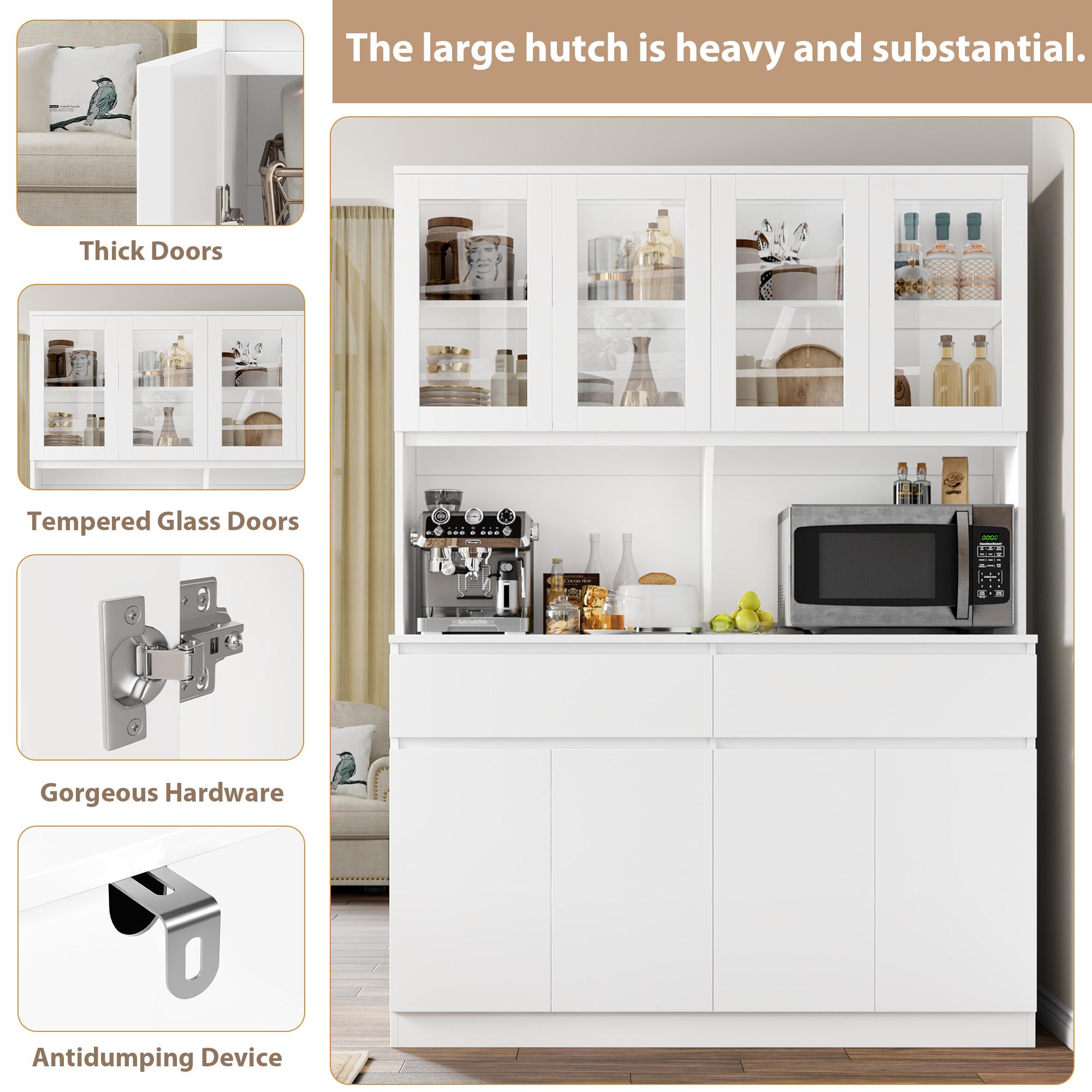 FOTOSOK  74.8" Tall Pantry Cabinet, 55.1" Wide Kitchen Pantry Cabinet  with 2 Drawers, Kitchen Hutch with Microwave Stand, Tall Storage Cabinet for Living Room, White