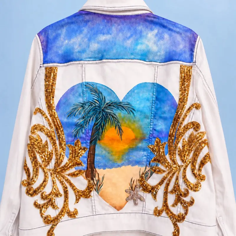 1-of-a-Kind Hand-Painted Tropical Sunset Denim Jacket with Gold Sequin Details - Size XL