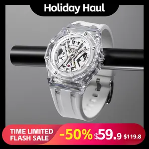 RONMAR Automatic Mechanical Watch Transparent Case Skeleton 40mm Men's Luxury Wrist Watch Silicone Strap 3ATM Waterproof Fashion Sport Mechanical Watch for Men