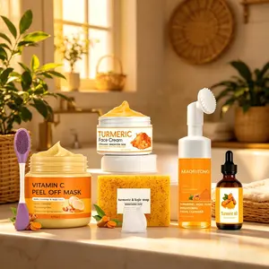 Turmeric & Kojic Acid 6-in-1 Skincare Set | Turmeric Face Cream, Essential Oil, Vitamin C Peel Off Mask, Brightening Soap, Foaming Facial Cleanser with Built-in Brush + Silicone Facial Brush, All-in-One Turmeric Skin Care Kit