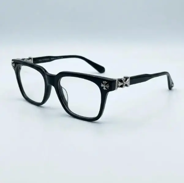 Unisex High-End Chrome Hearts Square Eyeglass Frames, Luxury Black-Gold Cross Detail Optical Frames, Premium Designer Non-Prescription Glasses with Leather Case