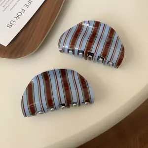 2pcs Korean Blue Coffee Striped Acrylic Hair Claw Clip, Retro Hair Accessory for Women’s Back Head Styling, High-End Versatile Ponytail Holder for Fall Winter Gift