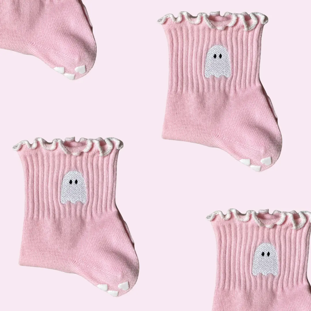 Molly Grace Grip Socks SPOOKY SEASON Halloween Pink Ruffle Ghost Embroidered Non Slip Grip Socks for Pilates Yoga Barre or Lagree