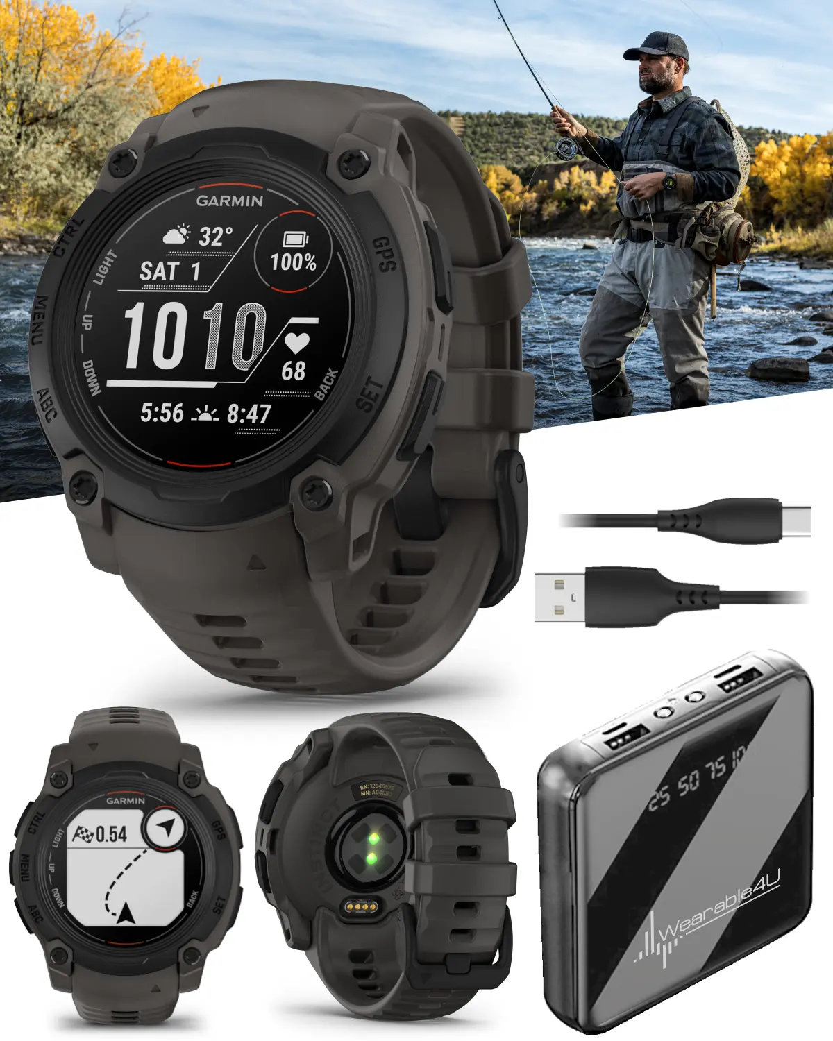 Garmin Instinct E Smartwatch - MIP Display, GPS, Cardio Monitoring, SpO2 Detection, 70+ Sports Apps, Training Readiness, 24/7 Activity Tracker, Notifications, Connect IQ, Silicone Wearable Device with Resistance Support (Wearable4U), Wearable Tech, Waterp