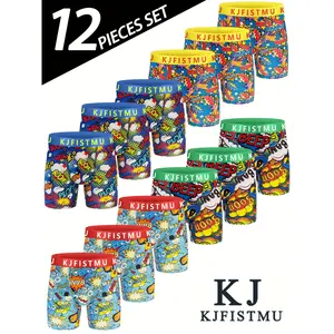 12pcs KJFISTMU Pop Art Printed Colorful Waistband Men's Boxer Briefs Breathable And Stretchy, Perfect for Home, Leisure, And Sports., Sports Underwear, Home Loungewear, Multipack Underwear, Printed Underwear, Colorful Prints, Vibrant Patterns Socks