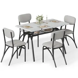 Grey Marble-Look Rectangular Dining Set for 4 People, Modern Kitchen Table with Built-In Storage Shelf and 4 Soft Upholstered Chairs, Space-Saving Dinette Ideal for Small Spaces and Dining Rooms