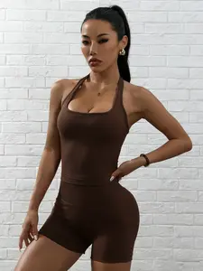 Women's Summer Yoga Set, Gym Workout Set, Sporty Set, Elegant Gym Outfits, Athletic Style Activewear, High Stretch Nylon Spandex Halter Top, High Waist Butt Lifting Shorts, Comfortable Fabric, Casual Daily Wear