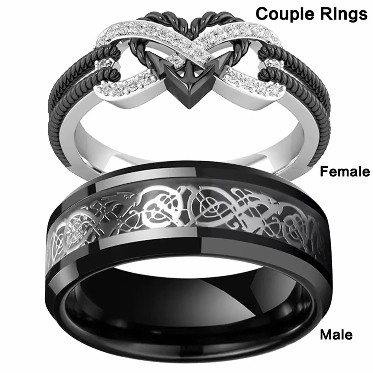 Gothic Infinity Heart Ring, Stainless Steel Couple Band, Romantic Matching Jewelry for Valentine's Day