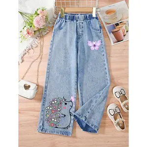 Girls' Straight-Leg Wide-Leg Faux Denim with Floral & Butterfly Print - Elastic Waist Casual Pants, Light Blue Faux Denim, All-Season Comfort, Regular Fit for Casual Attire, Cute Faux Denim, Playful Youngsters' Fashion, Nonstretch Fabric