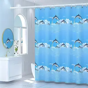 Blue ocean jumping dolphin pattern forest shower curtain design, polyester fabric, windows and walls, bathtub, bathroom home decoration shower curtain, all season universal shower curtain, bathroom decoration curtain, with 12 hooks