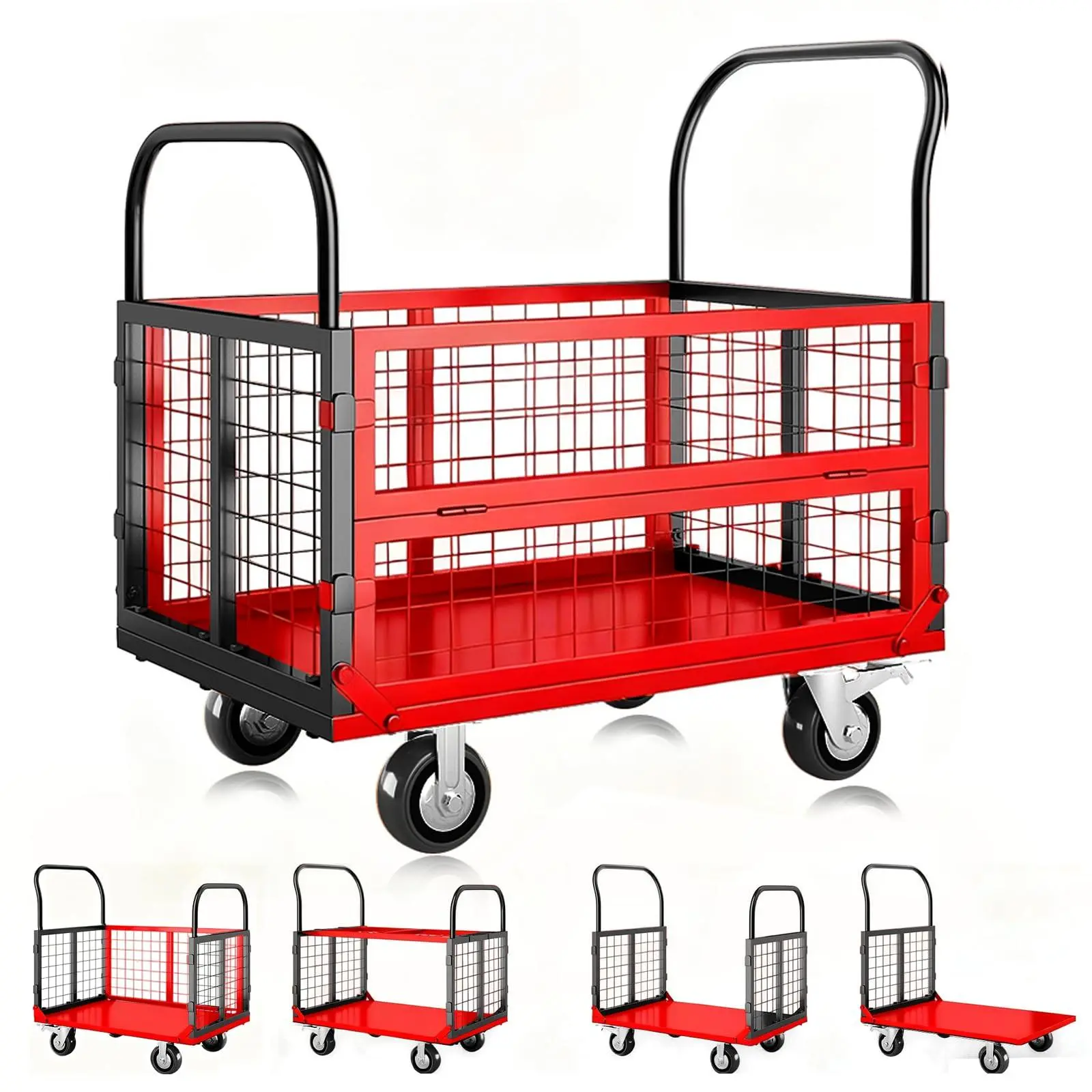 Platform Truck Cart with Cage, 6-in-1 Multi-Purpose Flatbed Cart, Foldable Hand Truck Load 1800LBS with 4 Wheels Push Dolly for Grocery, Laundry, Garage, Warehouse (Red+Black) Collapsible Folding Wagon Collapsible Garden Cart