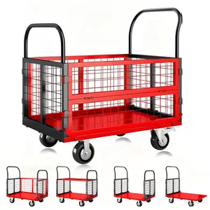 Platform Truck Cart with Cage, 6-in-1 Multi-Purpose Flatbed Cart, Foldable Hand Truck Load 1800LBS with 4 Wheels Push Dolly for Grocery, Laundry, Garage, Warehouse (Red+Black)