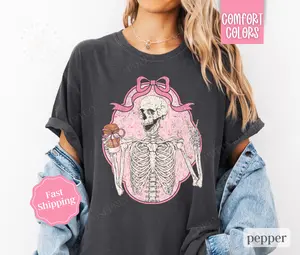 Pink Bow Skeleton Shirt Comfort Colors, Coquette Halloween Tshirt, Coffee Lover Tee