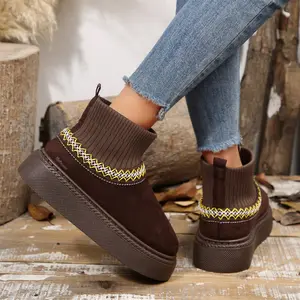 Women's Comfortable Knit Sock Platform Mid-Calf Snow Boots Suede Warm Winter Shoes for Daily Wear Indoor Outdoor Shoes