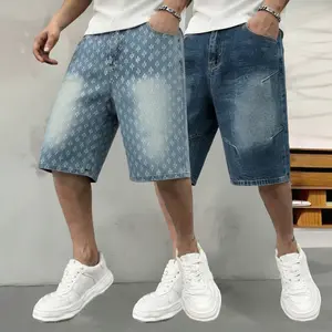 Men's summer vintage blue gradient wide-leg denim five-inch pants, loose straight-cut, slimming and flesh-concealing cargo shorts, suitable for daily outdoor activities and street wear, versatile and trendy pants