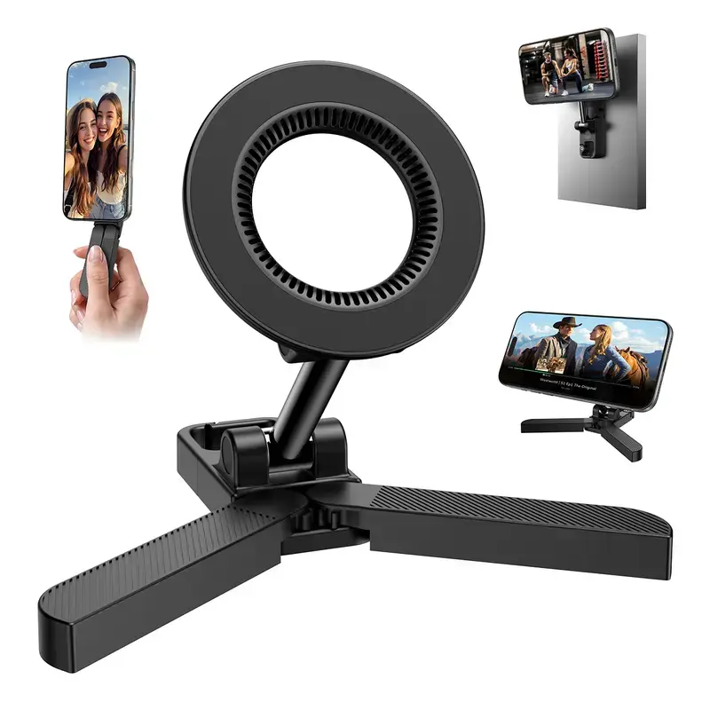 Dual-Sided Magnetic Smartphone Holder, Foldable MagSafe Tripod with 360° Rotating Ring Kickstand & Handheld Grip for iPhone 17 16 15 14 13 & Android, Pocket-Size Portable Phone Accessories for Workout, Landscape