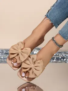 Elegant Bowknot Slippers, Square Toe Flat Sandals, Versatile Outdoor Casual Shoes, Comfortable and Stylish Footwear