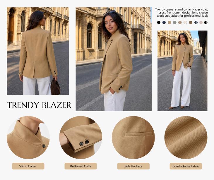 Cicy Bell Women's Casual Stand Collar Blazer Trendy Button Suit Jacket | Open Cross Front, Long Sleeve, Work Office, Business Coat