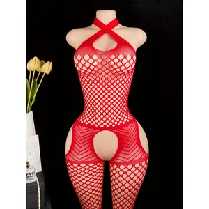 Valentine's Day Red Halter Fishnet Bodysuit with Open Crotch, Sexy Backless Hollow-Out Lingerie for Women, Nylon & Elastane Blend, Neck Strap Solid