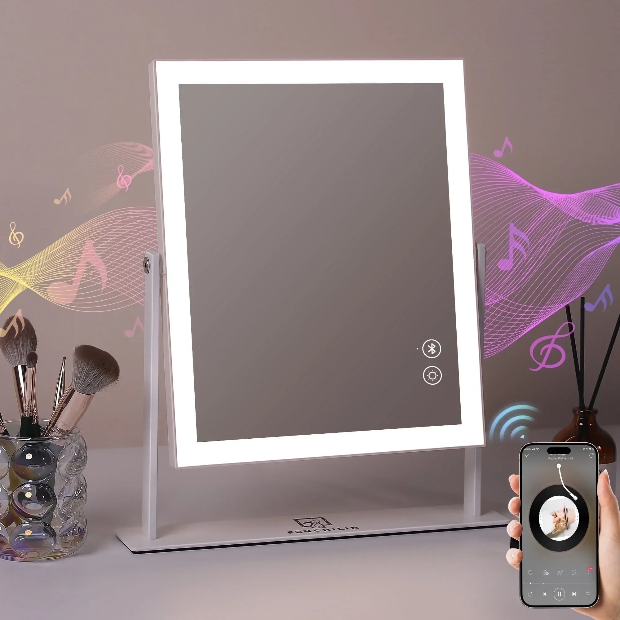 Fenchilin 12''X14'' Vanity Makeup Mirror with Lights Bluetooth Metal Tabletop White