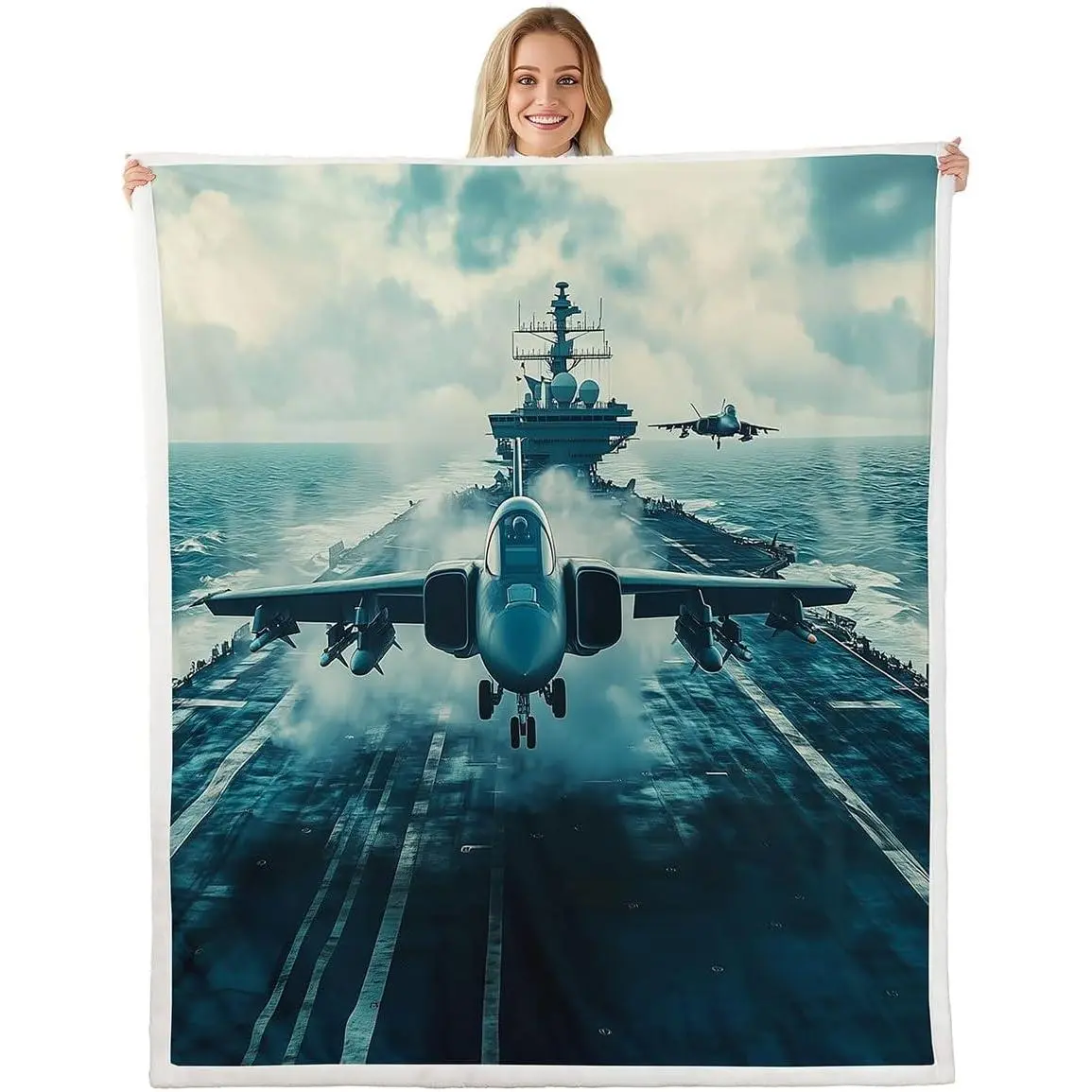 Aircraft Carrier Bed Blanket,Fighter Flight Throw Blanket Men Home Room Decor,Airplane Flying Theme Fleece Blanket,Vintage Warship Microfiber Fuzzy Blanket,for Chair/Sofa