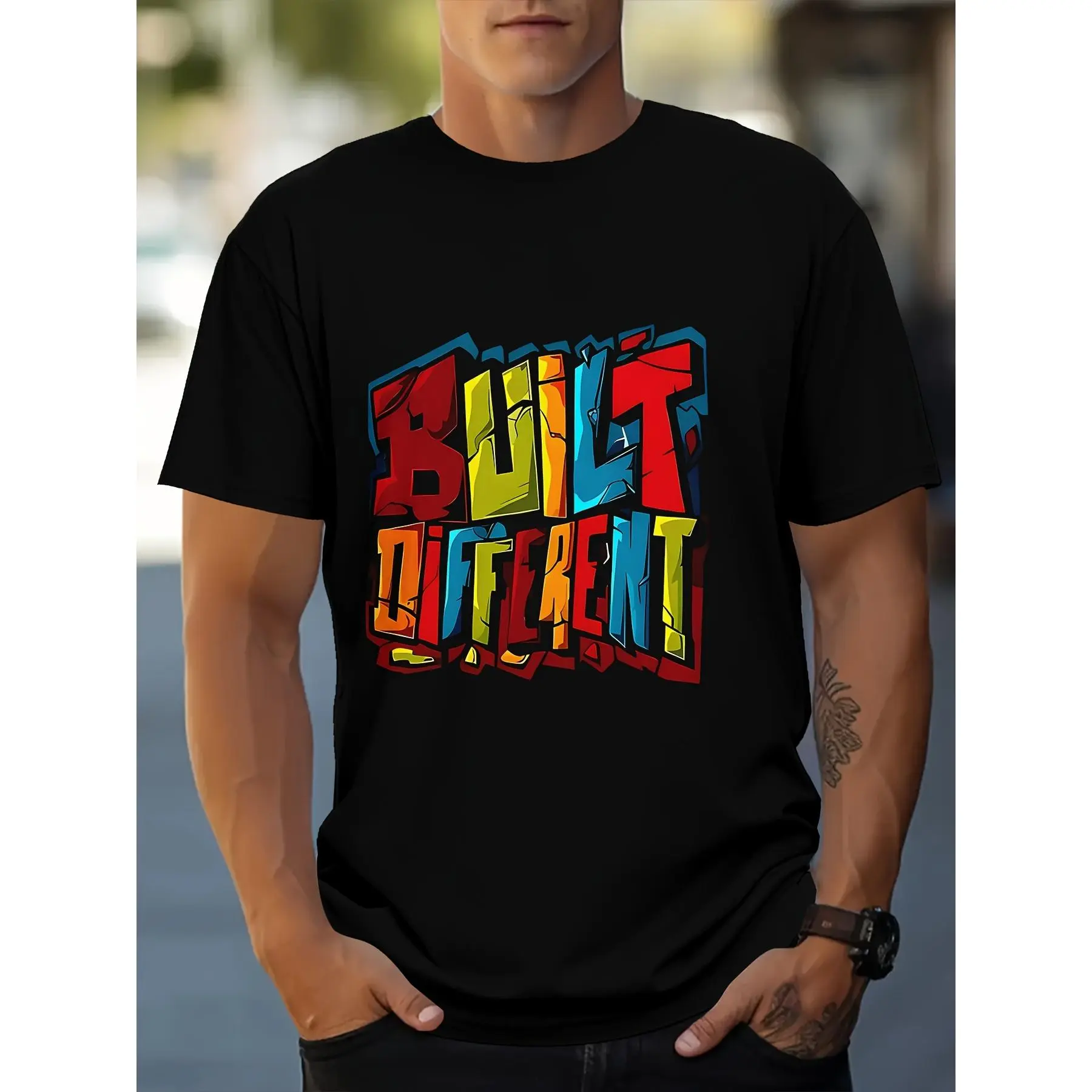 100% Cotton Men'S BUILD DIFFERENT Graphic Print T-Shirt, Short Sleeve Crew Neck Tee, Men'S Clothing For Summer Outdoor Golf Gift T-Shirt For Men And Women