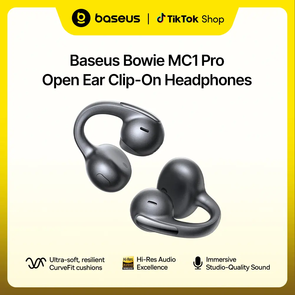 Baseus Bowie MC1 Pro Open Ear Clip-On Headphones, Hi-Res LDAC & HiFi4 Acoustic Sound, 5g Ultra-Lightweight Comfort, SuperBass 2.0, DNN 4-Mic AI Clear Calls, IP67 Waterproof, Bluetooth 6.0