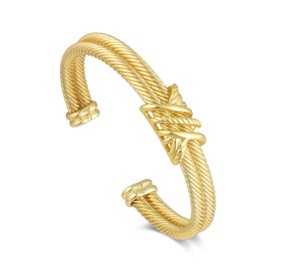 Aprilery Twisted Cable Cuff Bracelet, Gold Tone Open Bangle with Wrapped Accent, Stackable Statement Jewelry Gift for Women